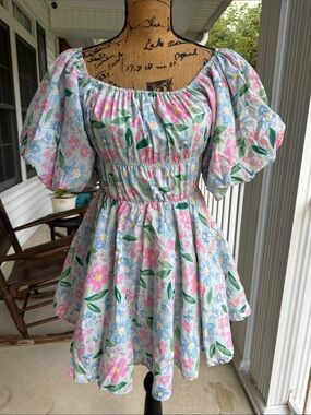 Altar'd Stare Pastel Floral Puff-Sleeve Dress in Pink & Blue. Size S.
